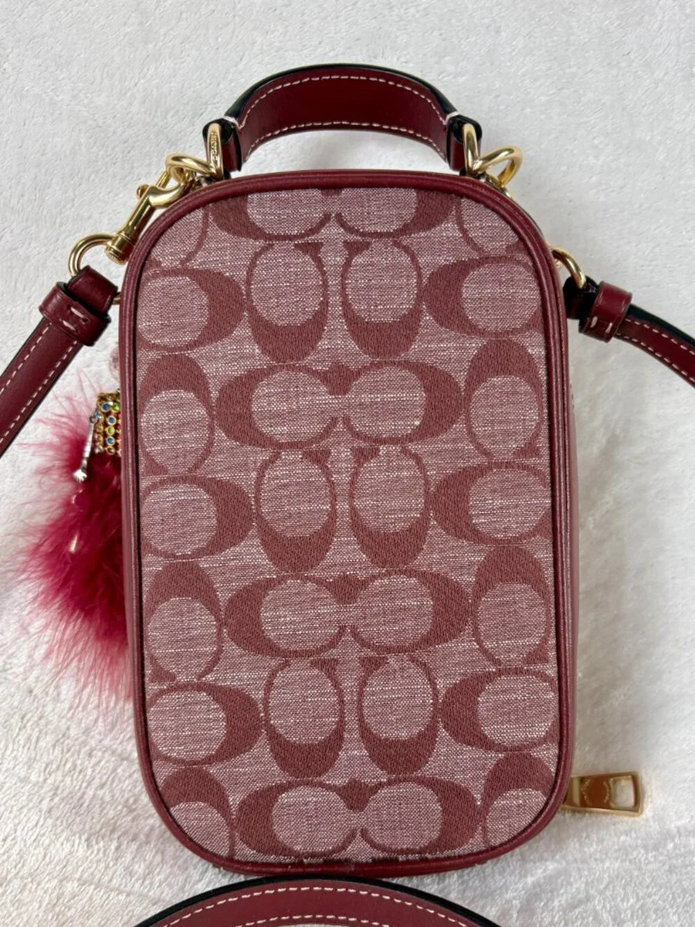 Coach Eva Phone Crossbody in Signature Chambray and Leather in Wine with Charm - Picture 7 of 16